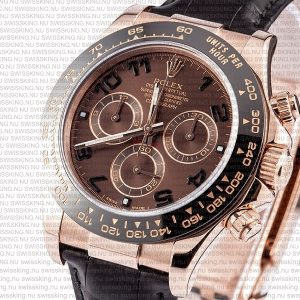 Rolex Cosmograph Daytona Rose Gold with Chocolate Dial with Arabic Marks Black Leather Band - Image 3