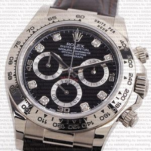 Rolex Cosmograph Daytona White Gold Black Diamond Marks Dial Leather Band - Image 3