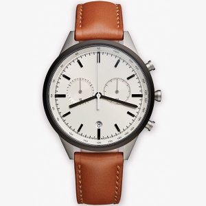 Steel White Chrono Black Bezel Brown Leather