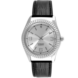 Steel Silver Black Leather Quartz